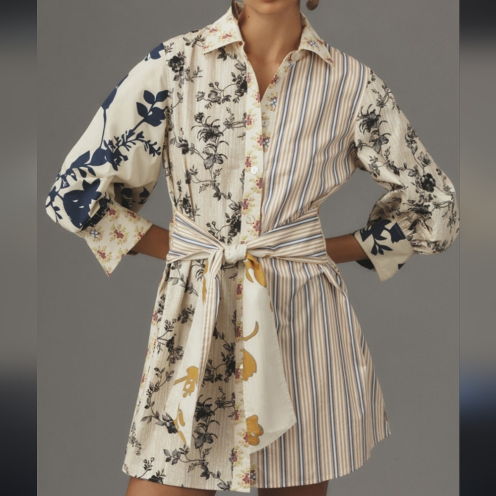 Tracy Reese Navy and Cream Patterned Long Sleeve Dress